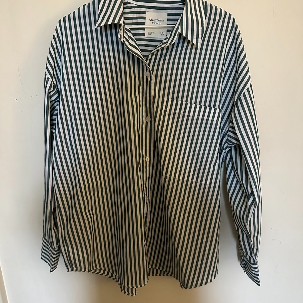 NWT Abercrombie & Fitch Green Stripe Oversized Poplin Button-Up Shirt